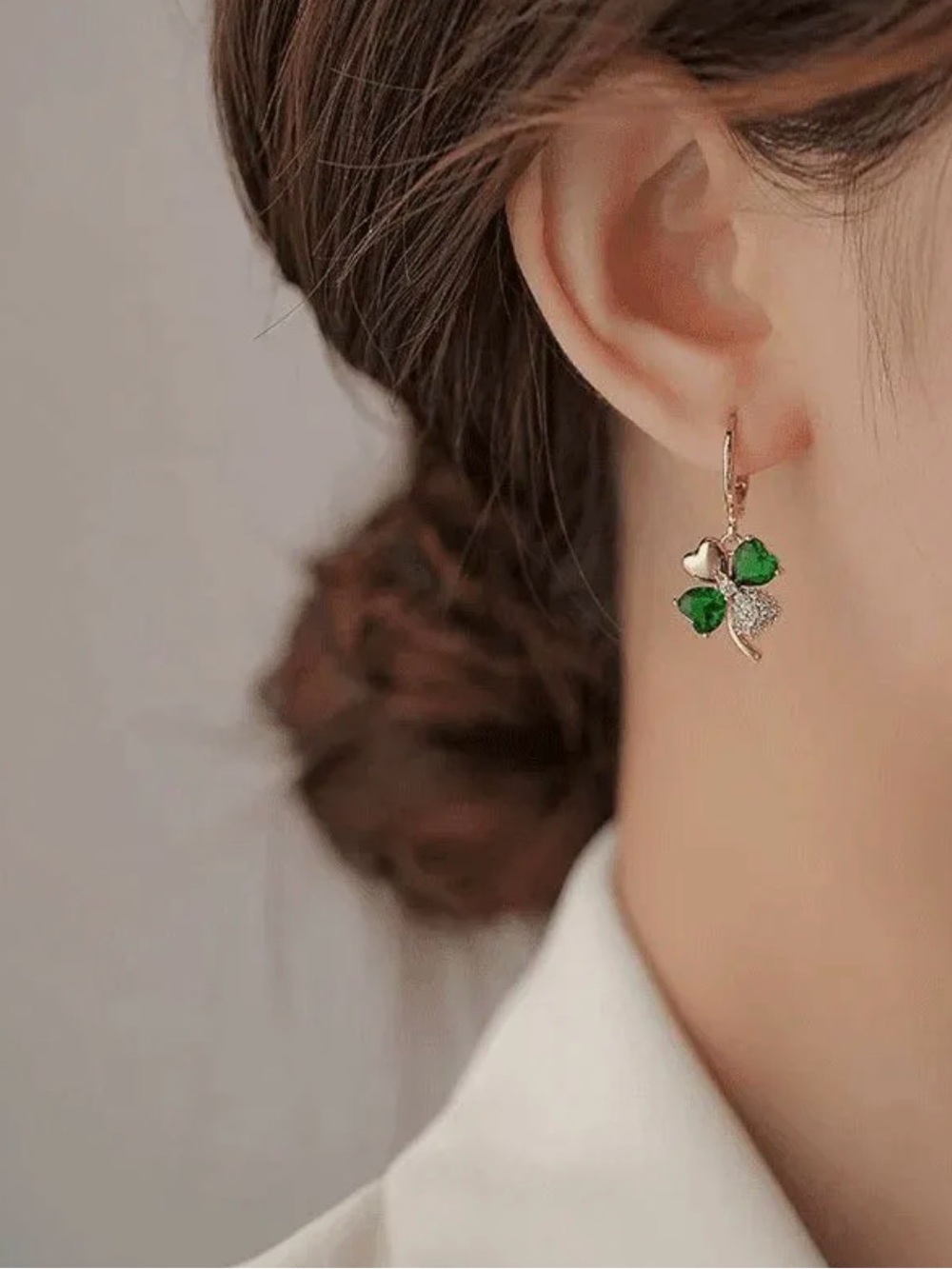 Gold Shamrock ☘️ Clover Drop Earrings with Green Heart 💚 Stones - Picture 3 of 4